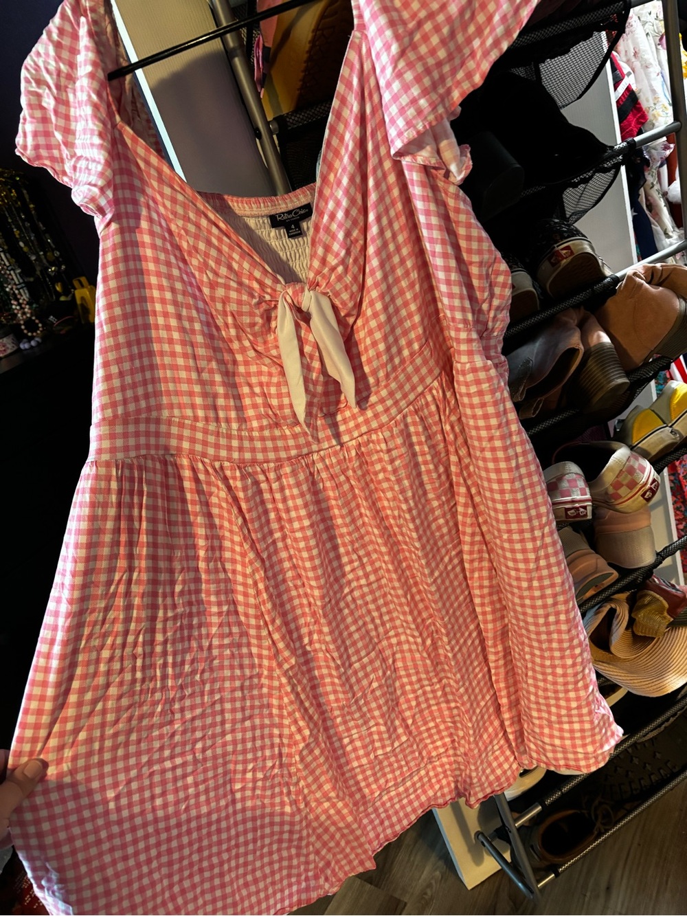 Retro Chic Pink and White Gingham Tie-Front Sundress